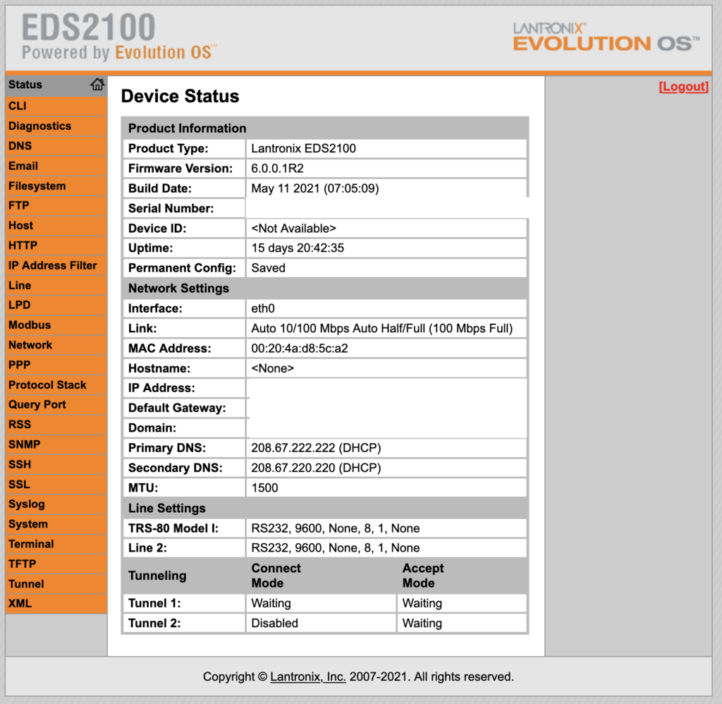 EDS2100 main screen