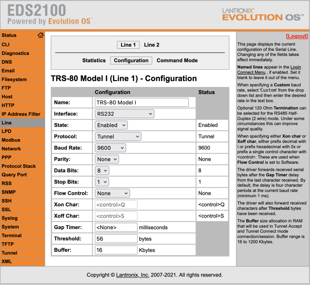 Lantronix EDS2100 Line 1 menu