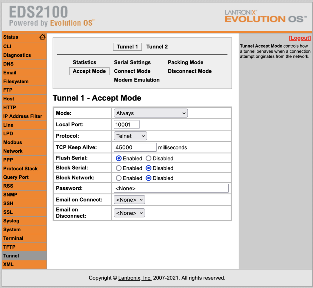 Lantronix EDS2100 Tunnel 1 menu