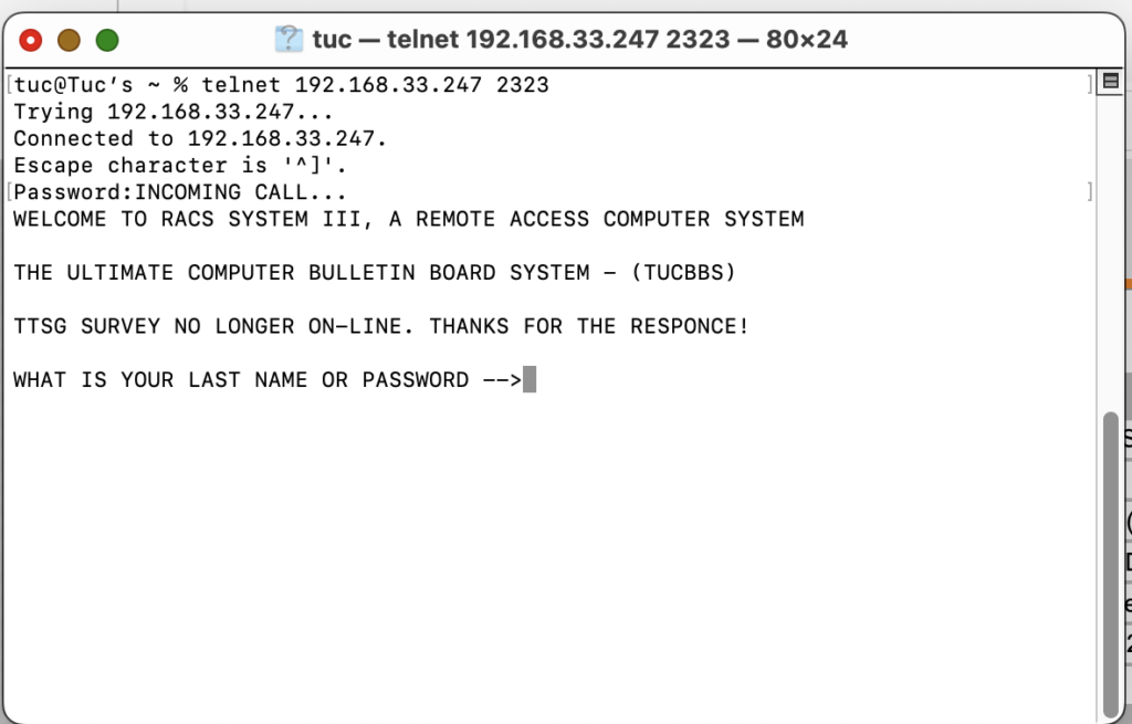 Telnet session to RACS III