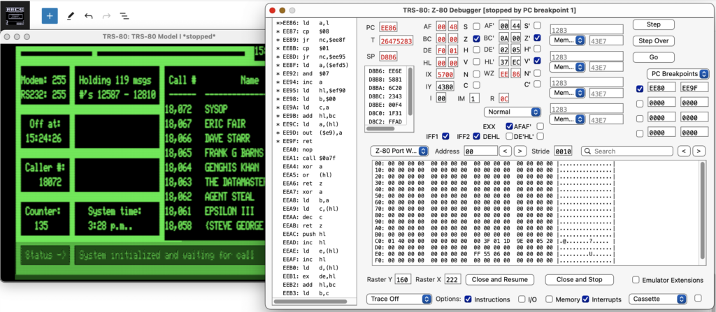 trs80gp and debugger at ee86