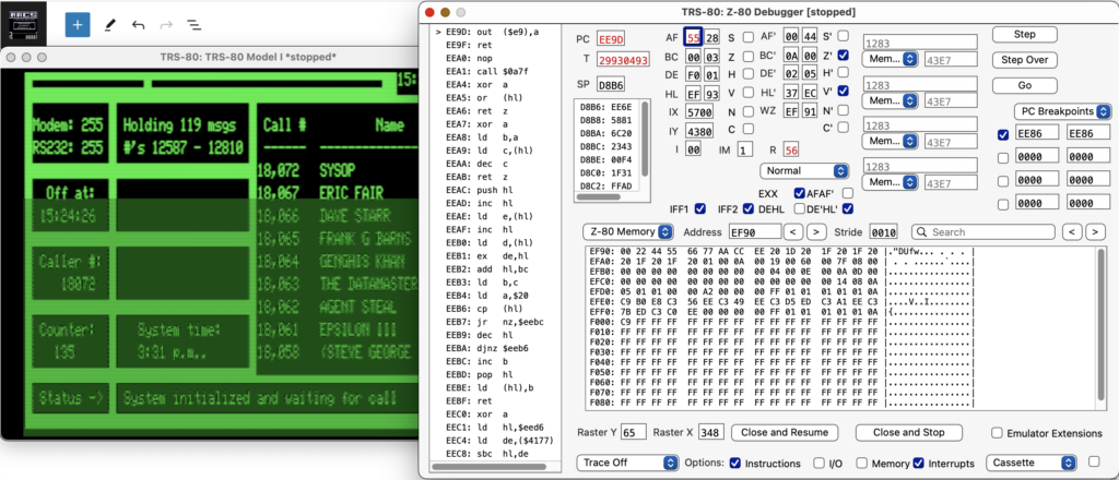 trs80gp debugger with 8 as the input